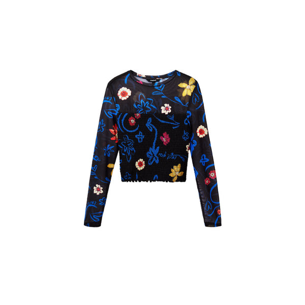 Desigual Women Mesh Floral Long Sleeve Crop Top